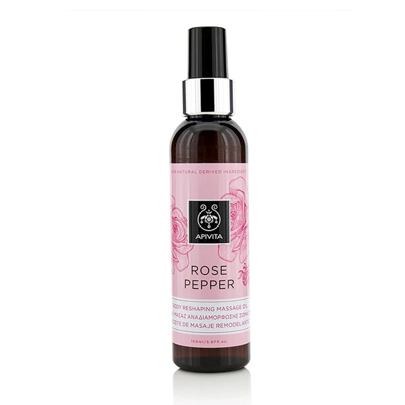 Apivita Rose Pepper Remodelling Body Oil in a 150ml bottle, featuring a sleek design and natural ingredients for skin nourishment.