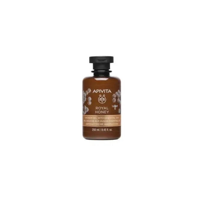 Apivita Royal Honey Shower Gel in a 250ml bottle, with a clear view of the packaging and label showcasing honey and natural ingredients.