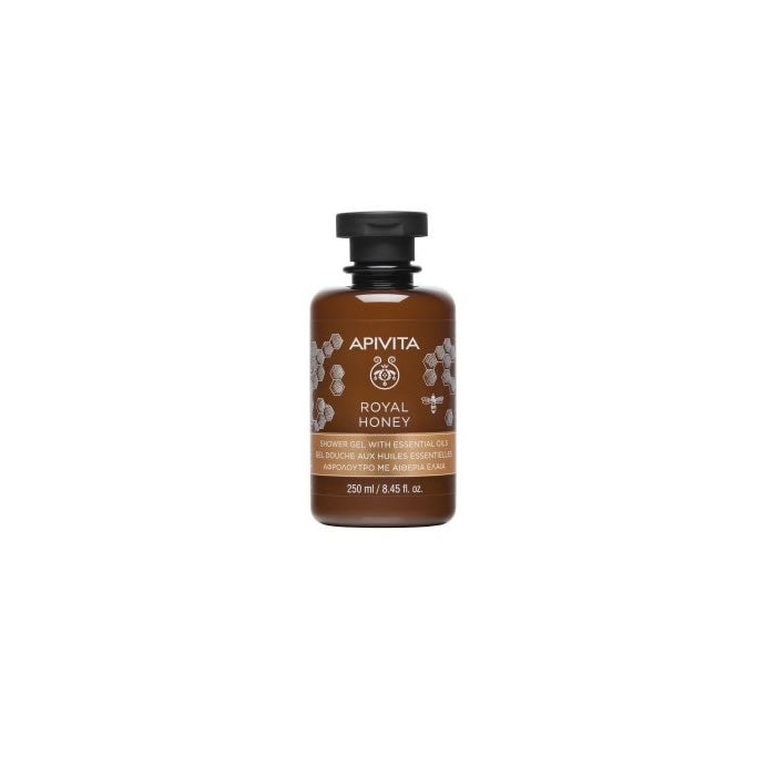Apivita Royal Honey Shower Gel in a 250ml bottle, featuring a clear bottle with honey-colored liquid and a label with honey imagery.