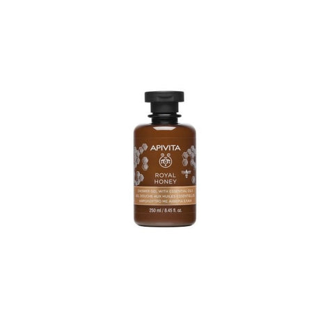 Apivita Royal Honey Shower Gel in a 250ml bottle, featuring a clear bottle with honey-colored liquid and a label with honey imagery.