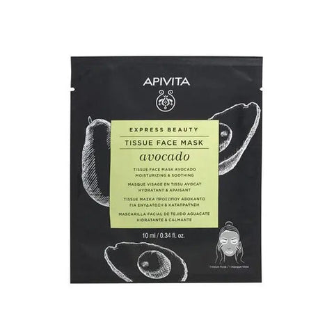 Apivita Sheet Soothing Moisturising Mask in 10ml sachet, featuring natural ingredients for calming and hydration.