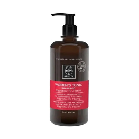 Apivita women's tonic shampoo with hippophae TC and laurel in 500ml bottle, natural hair care product, designed for healthy scalp.