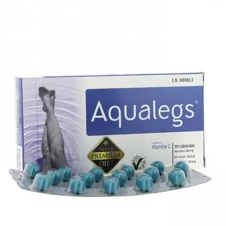 Aqualegs 30 capsules by Jag Couture London New York, showing the product packaging with capsules inside.