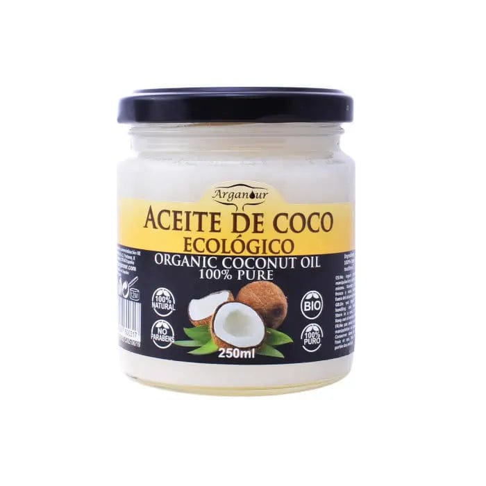 Organic coconut oil bottle from Arganour by Jag Couture London New York, 250ml, with a clear label and golden cap.