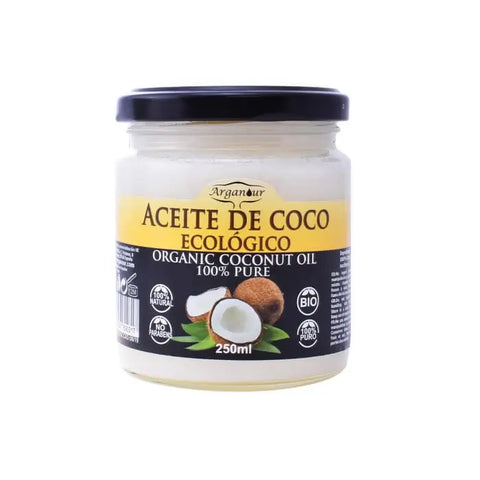 Organic coconut oil by Arganour in a 250ml bottle, from Jag Couture London New York, showing the clear, golden oil inside the container.