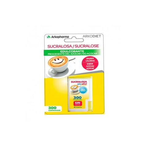 Arkodiet Sucralose tablets by Jag Couture London New York, 300 count, close-up of the blister pack showing tablets and packaging.