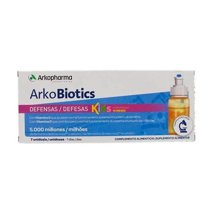 Arkopharma Arkobiotics Defence Children 7 Doses, probiotic supplement for kids in a clear box with dose bottles, on a white background.