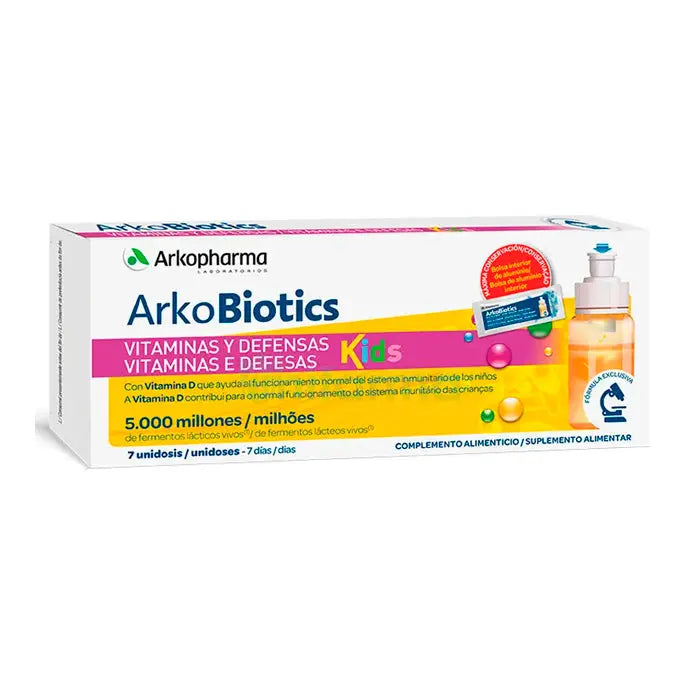 Arkopharma Arkobiotics Vitamin & Defence for children, 7-dose package, featuring colorful packaging and child-friendly design.