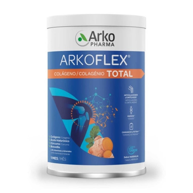 Jar of Arkopharma Arkoflex Total Collagen 390g supplement with collagen peptides and herbal extracts, placed on a white background.