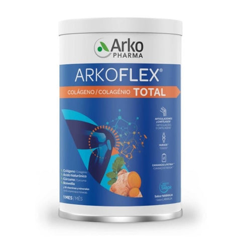 Jar of Arkopharma Arkoflex Total Collagen 390g supplement with collagen peptides and herbal extracts, placed on a white background.
