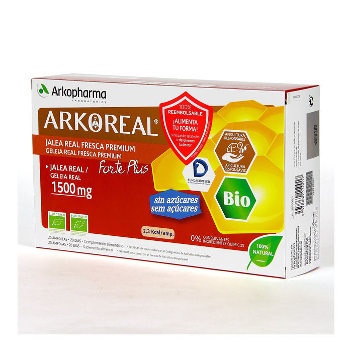 Jar of Arkopharma Arkoreal Royal Jelly 1500mg in a 20-ampoule pack, with a golden label and clear ampoule packaging.
