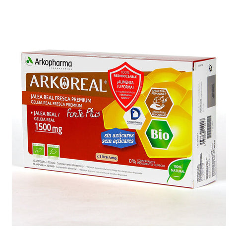 Jar of Arkopharma Arkoreal Royal Jelly 1500mg in a 20-ampoule pack, with a golden label and clear ampoule packaging.