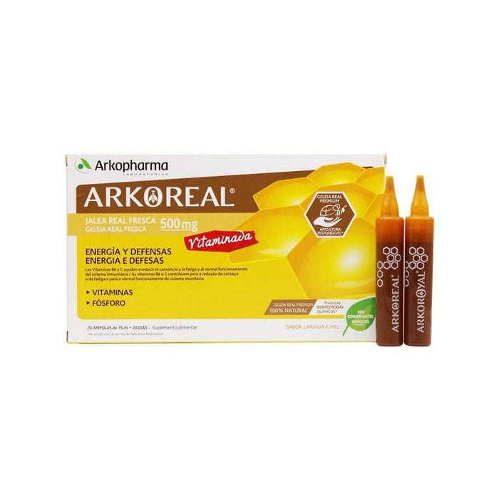 Jar of Arkopharma Arkoreal Royal Jelly vitamin ampoules with a label, stored in a clear glass container on a white background.