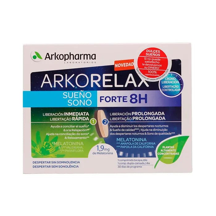 Arkopharma Arkorelax Sleep Forte 8H two-layer tablets, natural sleep aid supplement with calming ingredients.