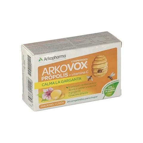 Arkopharma Arkovox 24 honey and lemon throat lozenges in a blister pack, designed for soothing sore throats.