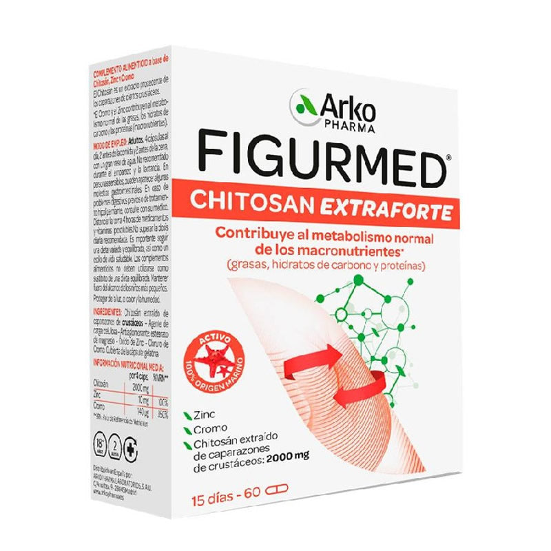 Arkopharma Chitosan Extra Strong 500 mg capsules in a bottle, displayed with 60 capsules on a clean background