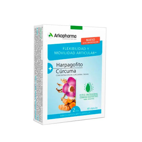 Arkopharma Harpagofito and Turmeric capsules in a bottle, dietary supplement for joint and muscle support, by Jag Couture London.