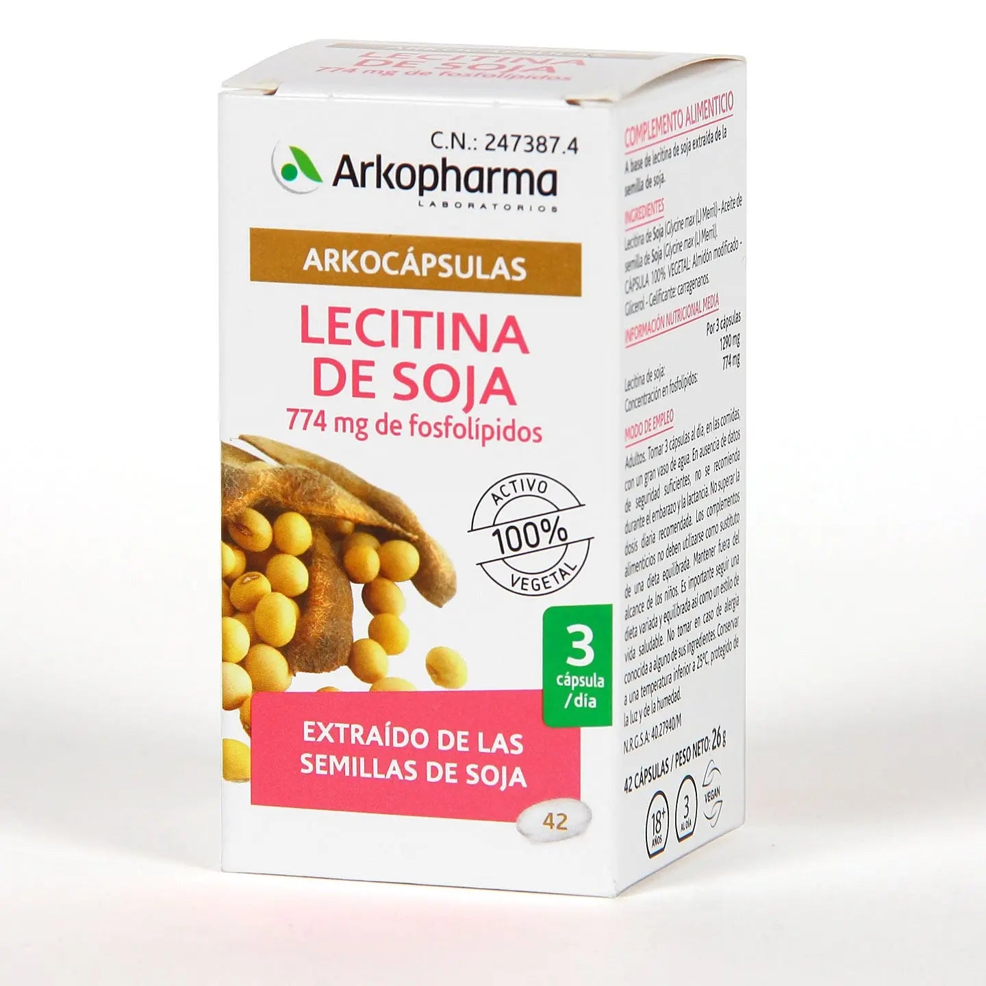Arkopharma Lecitina Soja Arkocapsulas 42 capsules in a clear bottle, natural soy lecithin supplement for health and wellness.