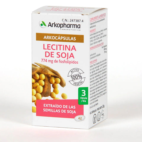 Arkopharma Lecitina Soja Arkocapsulas 42 capsules in a clear bottle, natural soy lecithin supplement for health and wellness.