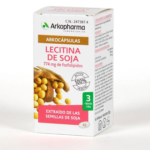 Arkopharma Lecitina Soja Arkocapsulas capsules, soy lecithin supplement in a clear jar with 42 capsules, by Jag Couture London New York