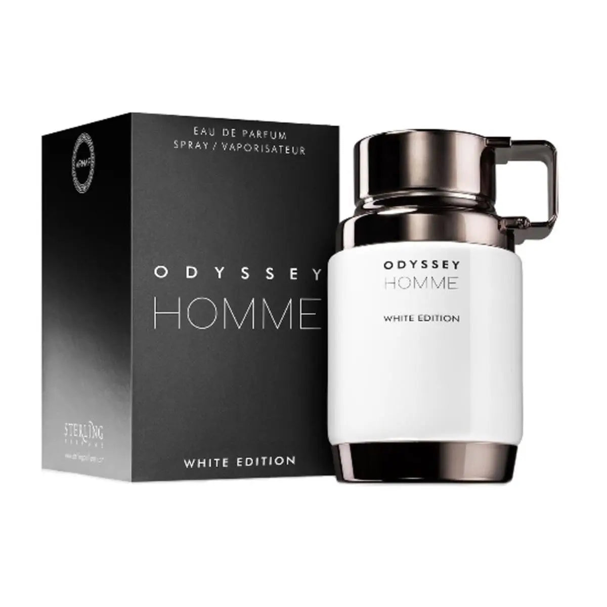 Armaf Odyssey Homme White Edition Eau de Parfum 100ml spray bottle, sleek design, and branding details visible.