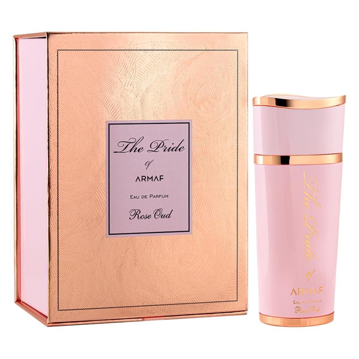 Armaf Thr Pride Rose Oud Eau De Parfum spray in 100ml bottle, featuring floral rose and rich oud notes, by Jag Couture London.