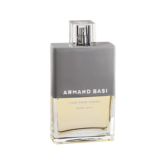 Armand Basi L'Eau Pour Homme Woody Musk Eau De Toilette spray in 125ml bottle, featuring sleek packaging and minimalist design