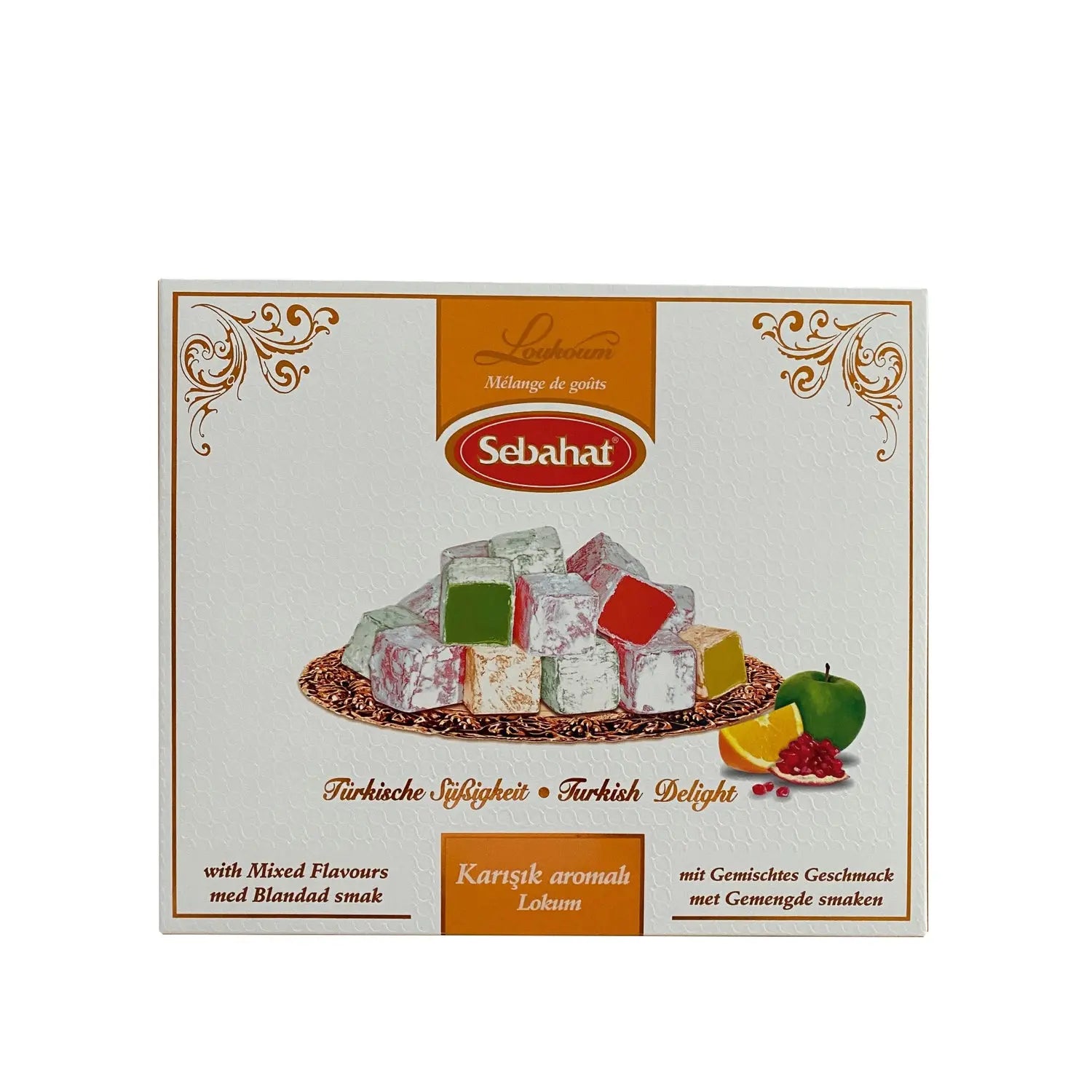 Assorted flavored Turkish delight in a gift box by Jag Couture London - New York, showing colorful assorted confections.
