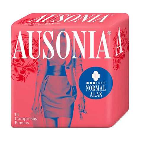 Ausonia Normal With Wings sanitary towels by Jag Couture London - New York, 14-pack, showing the box with sanitary towel packaging inside.