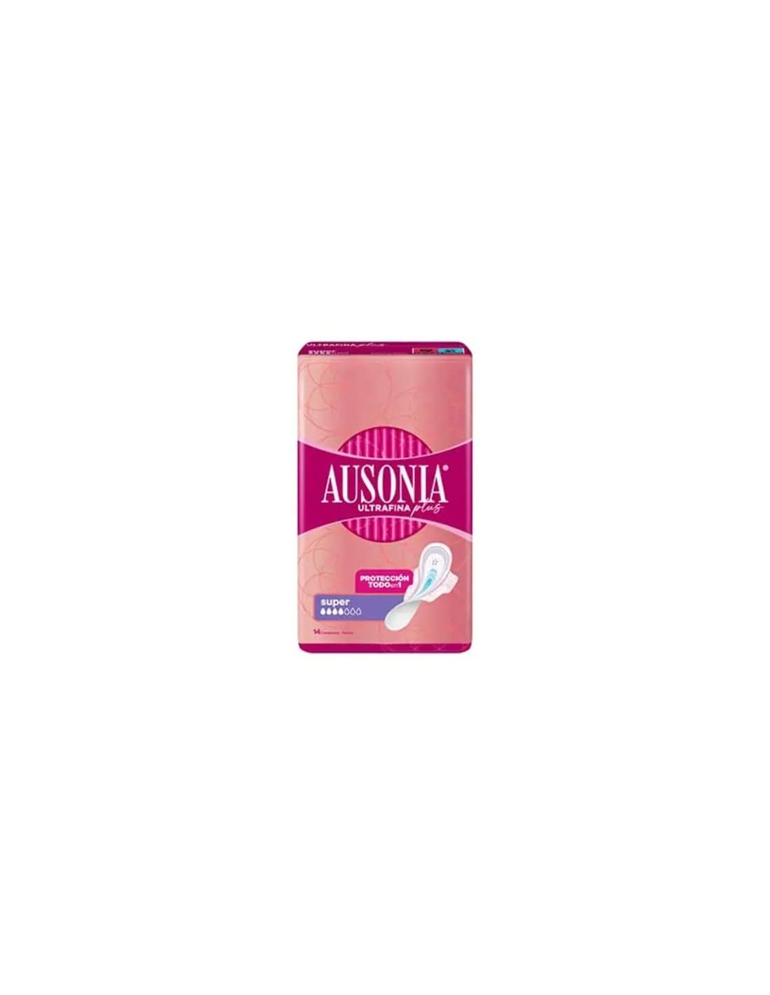 Ausonia Ultrafina Plus Super Alas sanitary pads by Jag Couture London, 14-pack, with super absorbent wings and discreet design.