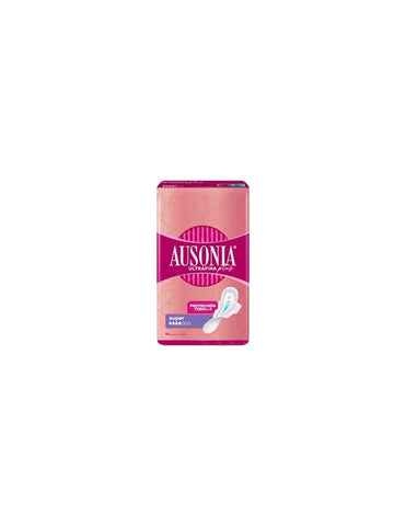 Ausonia Ultrafina Plus Super Alas sanitary pads by Jag Couture London, 14-pack, with super absorbent wings and discreet design.