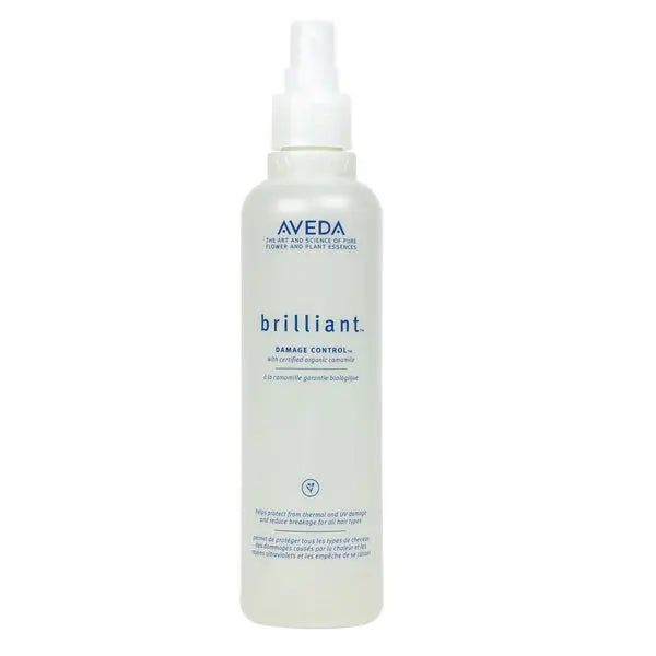 Aveda Brilliant Damage Control 250ml hair treatment bottle with a sleek design, displayed on a neutral background.