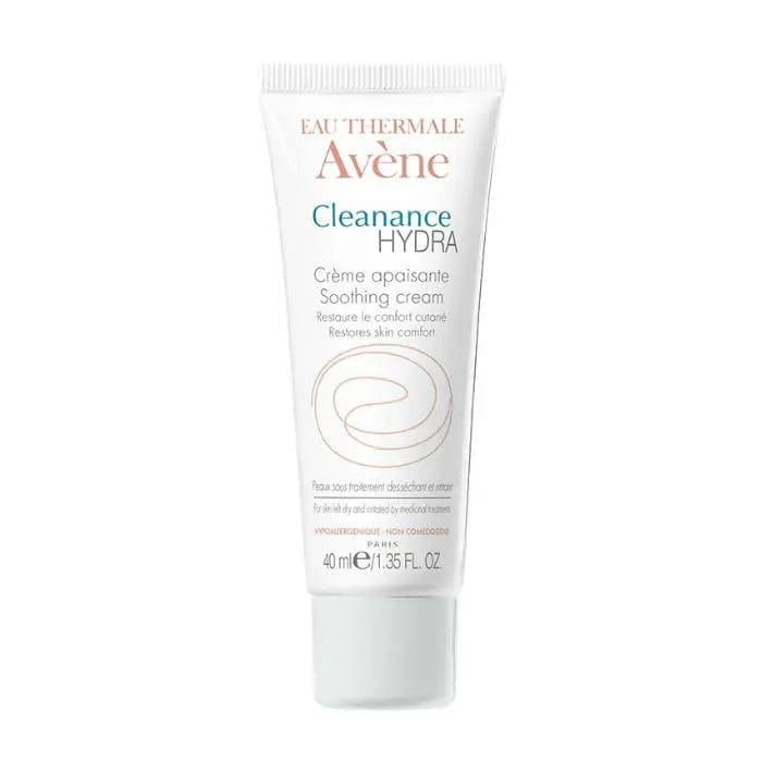 Avene Cleanance Hydra Soothing Cream in 40ml jar, hydrating skincare product with a white and blue packaging design.