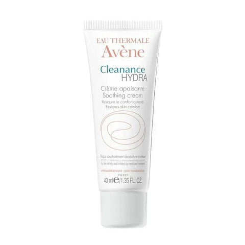 Avene Cleanance Hydra Soothing Cream in 40ml jar, hydrating skincare product with a white and blue packaging design.