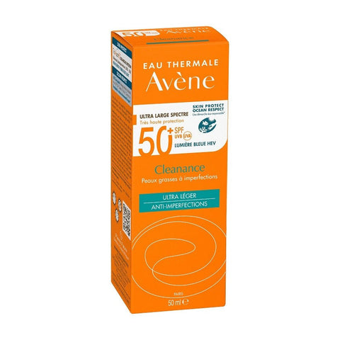 Avène Cleanance Solar SPF50+ 50ml sunscreen tube shown, designed for sensitive skin protection from sun damage.