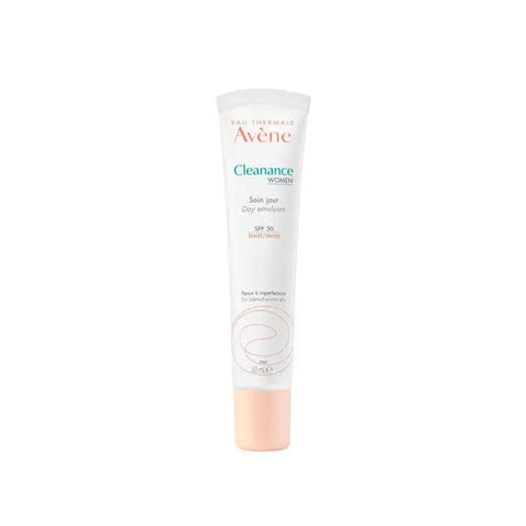 Avène Cleanance Women CR Colour SPF 30 sunscreen in a 40ml tube, with a smooth, creamy texture and light beige shade.