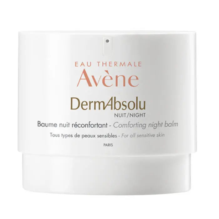 Avene DermaAbsolu Comforting Night Balm 40ml jar with a sleek white and gold design, suitable for nourishing overnight skincare.