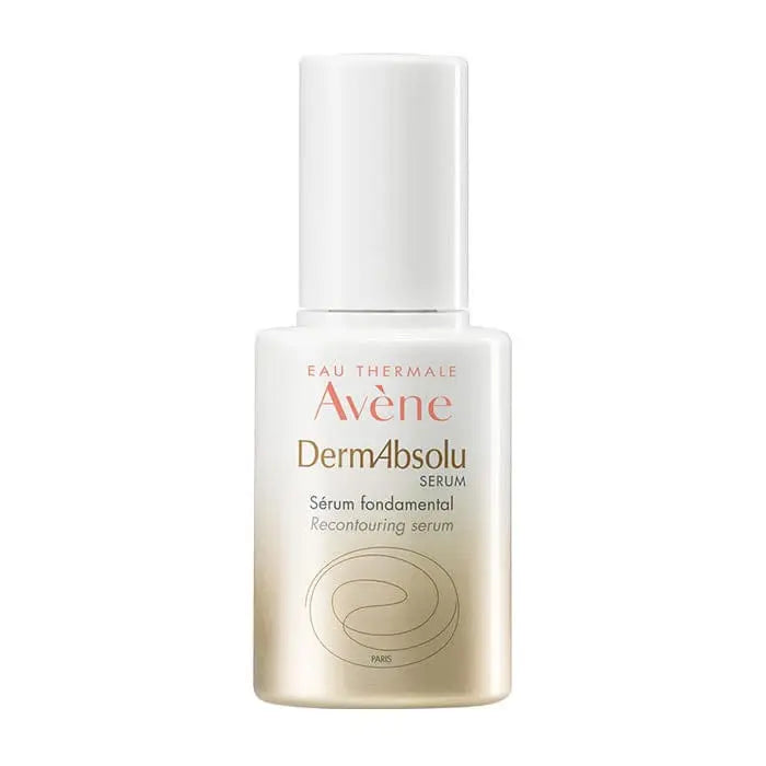 Avene DermaAbsolu Sérum Fondamental 30ml bottle displayed, featuring sleek packaging with a white and gold design.