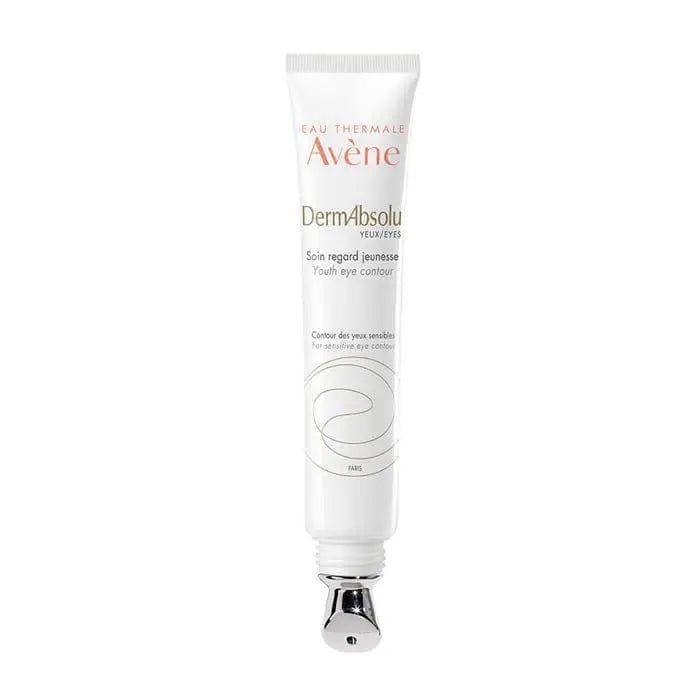 Avene DermAbsolu Youth Eye Contour cream in a 15ml jar, shown with the product label and applicator tip.