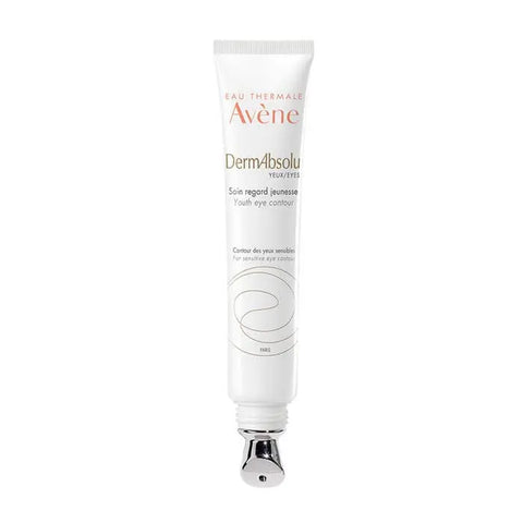Avene DermAbsolu Youth Eye Contour cream in a 15ml jar, shown with the product label and applicator tip.