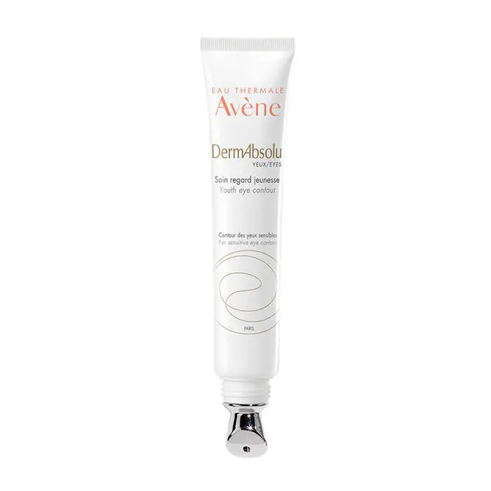 Avene DermAbsolu Youth Eye Contour cream in a 15ml jar, shown with the product label and sleek packaging.