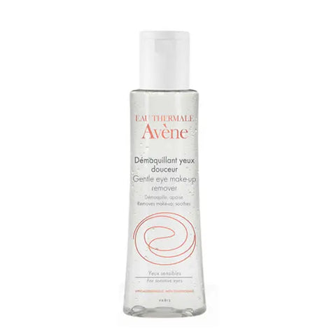 Avene Gentle Eye Make Up Remover 125ml bottle with clear liquid and blue cap, designed for gentle eye makeup removal.