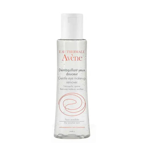 Avene Gentle Eye Make Up Remover 125ml bottle displayed with soft background, highlighting the product’s gentle formula for delicate eyes.