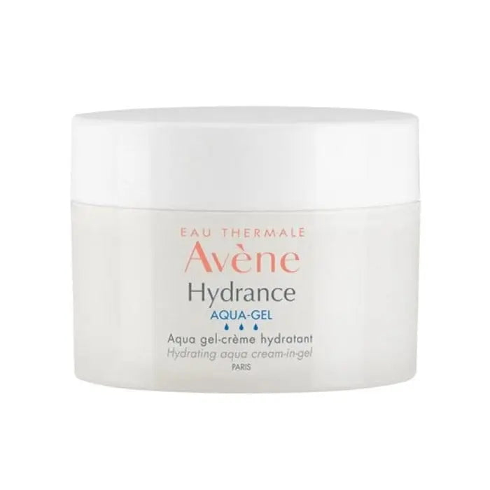 Avène Hydrance Aqua-Gel Moisturizing Cream in 50ml jar, featuring a clear gel texture and hydrating skincare benefits.