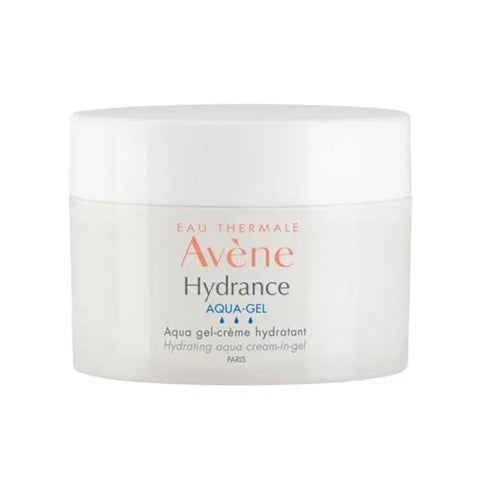 Avène Hydrance Aqua-Gel Moisturizing Cream in 50ml jar, featuring a clear gel texture and hydrating skincare benefits.