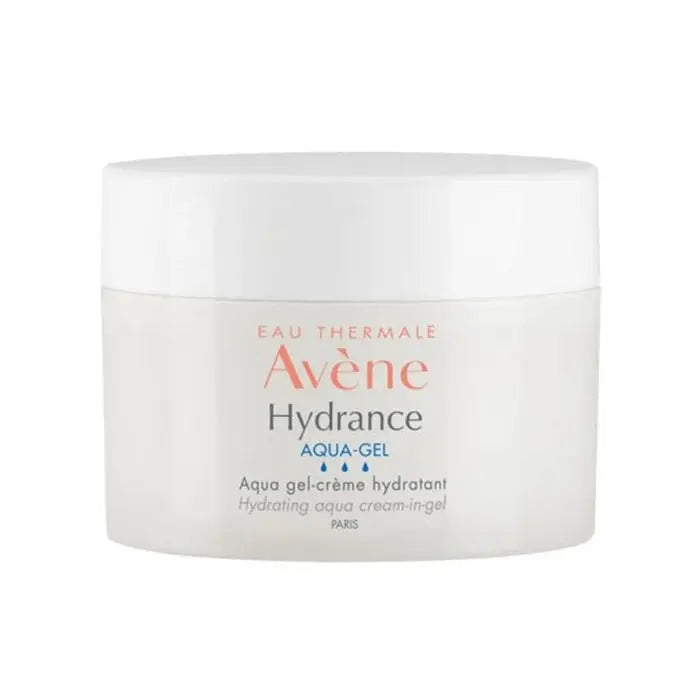 Avène Hydrance Aqua-Gel Moisturizing Cream in 50ml jar, smooth gel texture, suitable for hydration and refreshing skin care.