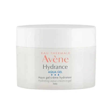 Avène Hydrance Aqua-Gel Moisturizing Cream in 50ml jar, smooth gel texture, suitable for hydration and refreshing skin care.