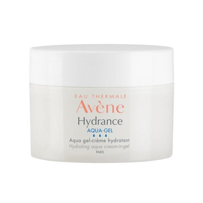 Avène Hydrance Aqua-Gel Moisturizing Cream in 50ml jar, smooth gel texture, designed for hydration and skin refreshment.