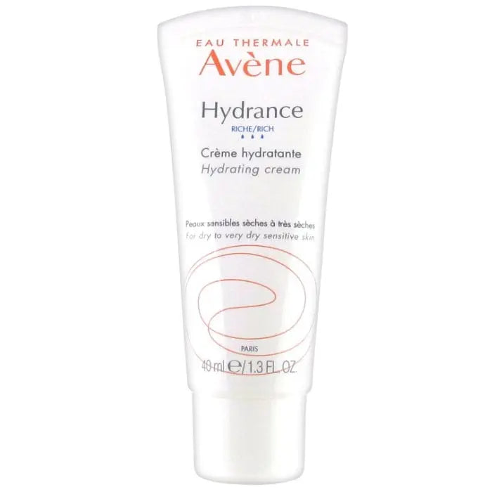 Avene Hydrance Rich Hydrating Cream in a 40ml jar, shown with a sleek, minimalist design and smooth cream texture inside.