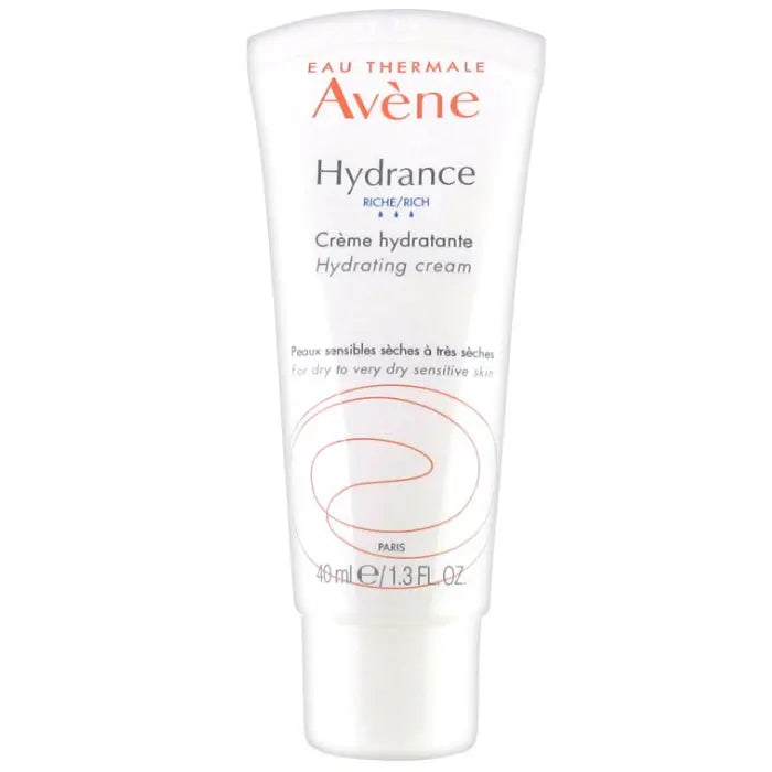 Avene Hydrance Rich Hydrating Cream in a 40ml jar, featuring a light blue and white container with the product label.